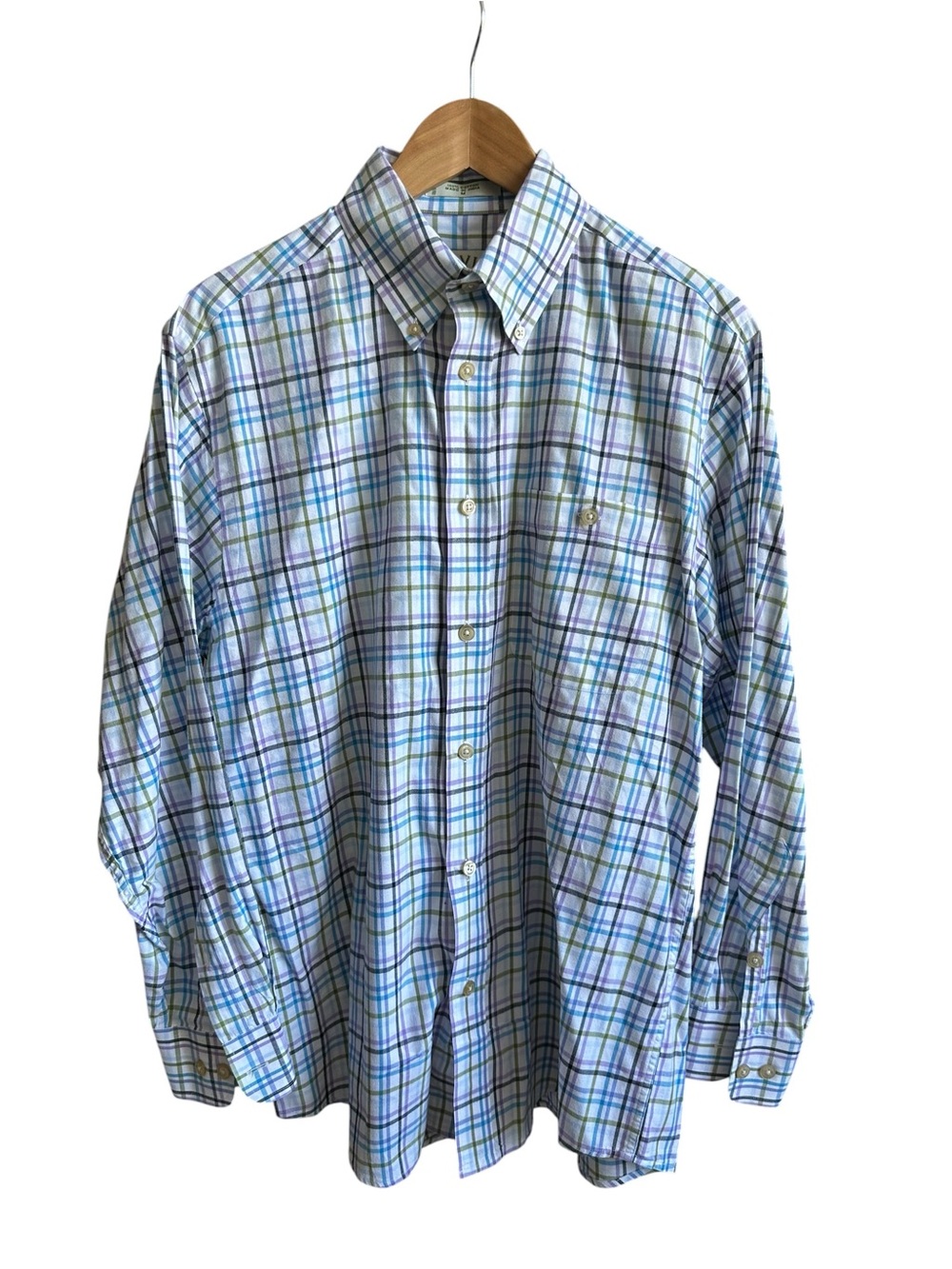 Orvis Men’s M Button Down Shirt Blue Green Purple Plaid 100% Cotton